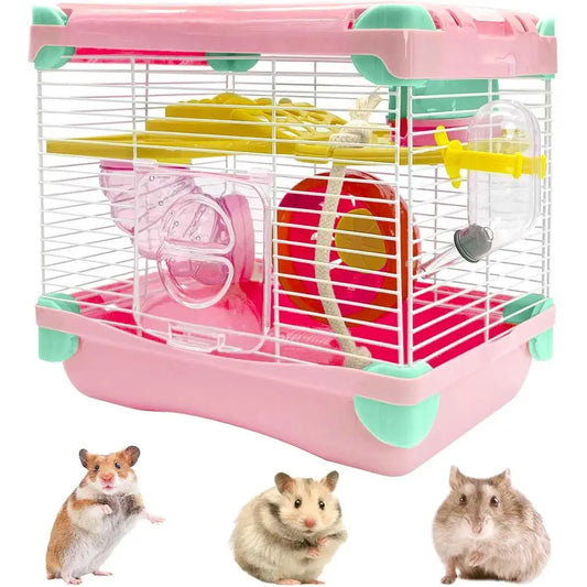 Portable 2 Layers Dwarf Hamster Habitat Small Animal Travel Cage with Exercise Wheel Enclosure for Hamsters, Mice, Gerbils, or O