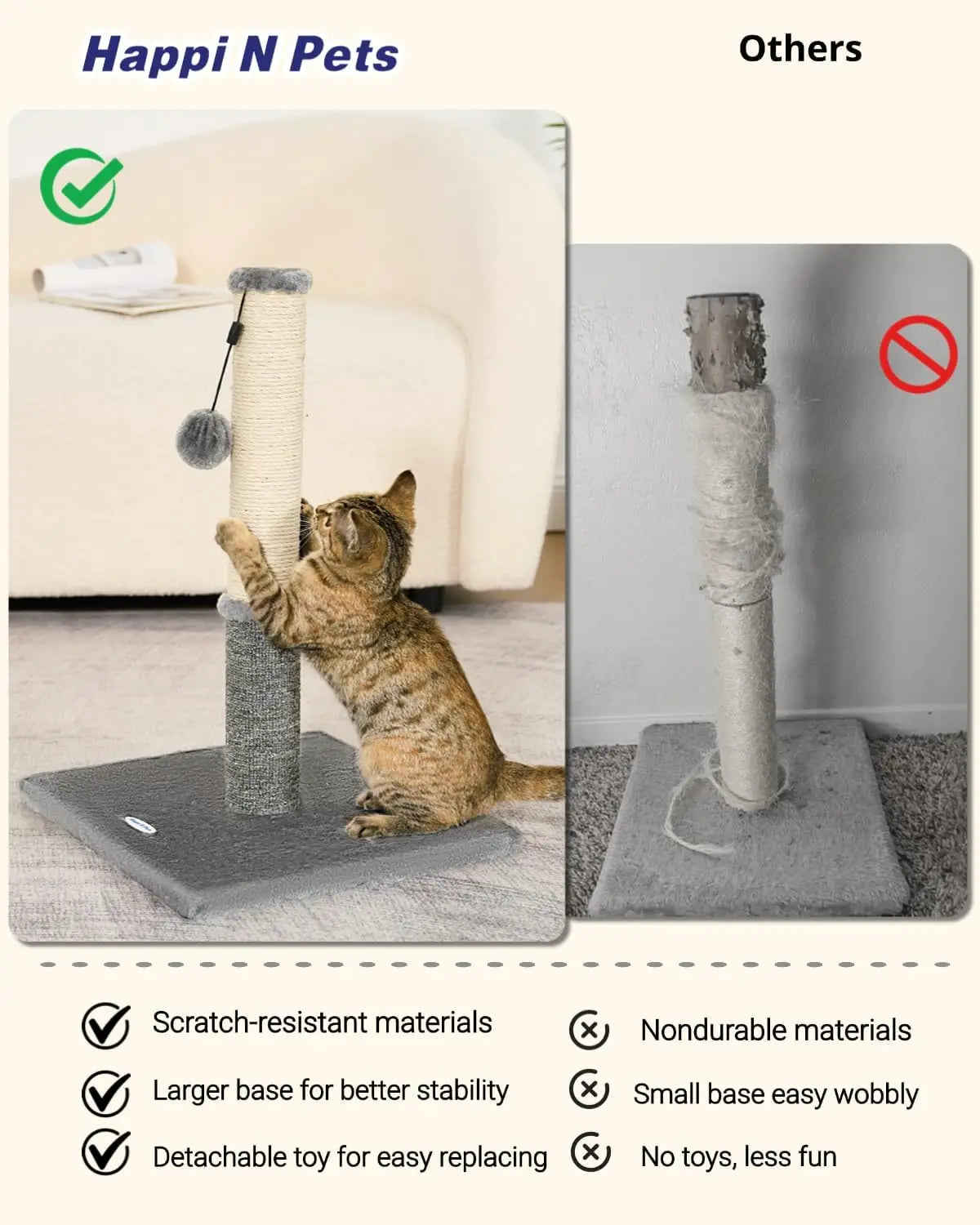 Cat Scratching Post for Indoor Cats, Sisal and Carpet Dual-Surface Scratcher with Replaceable Toy, Light Gray