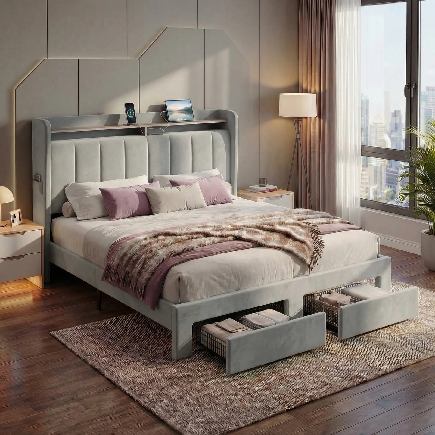 HOOMIC Platform Bed Frame With Storage Drawers And LED Lights