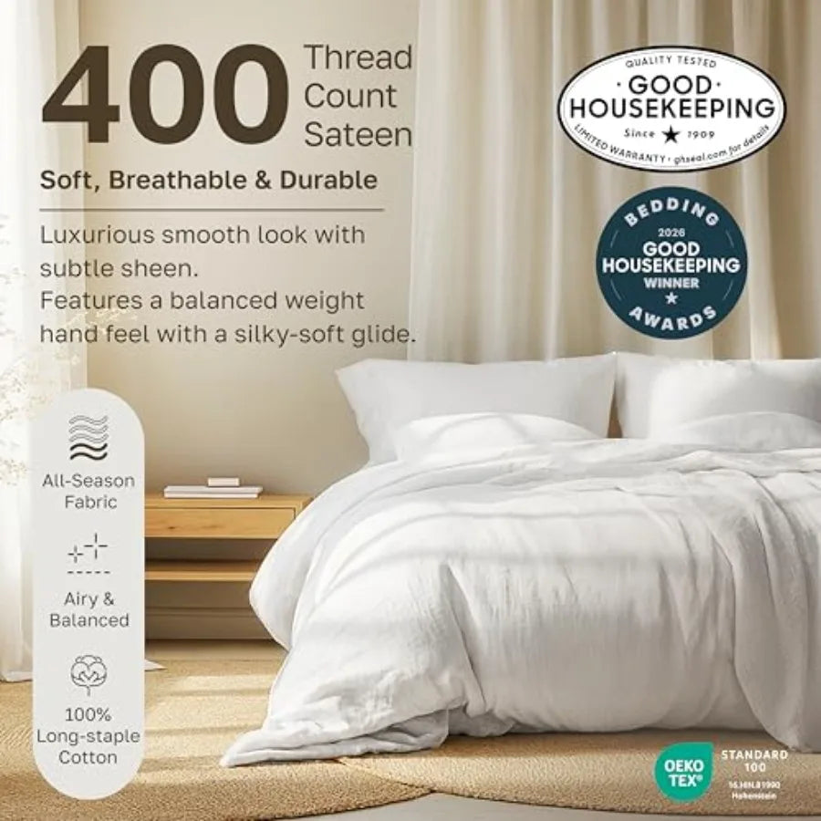Soft 100% Cotton Sheet Set, 400 Thread Count Good Housekeeping Award Winner, Silky Smooth Sateen Weave with Deep Pockets, Breat