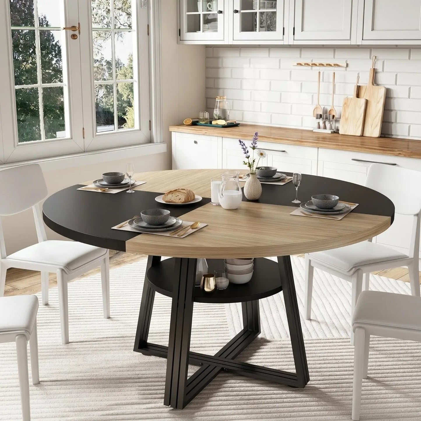HobbyLane Farmhouse Round Dining Table With Open Storage Shelf