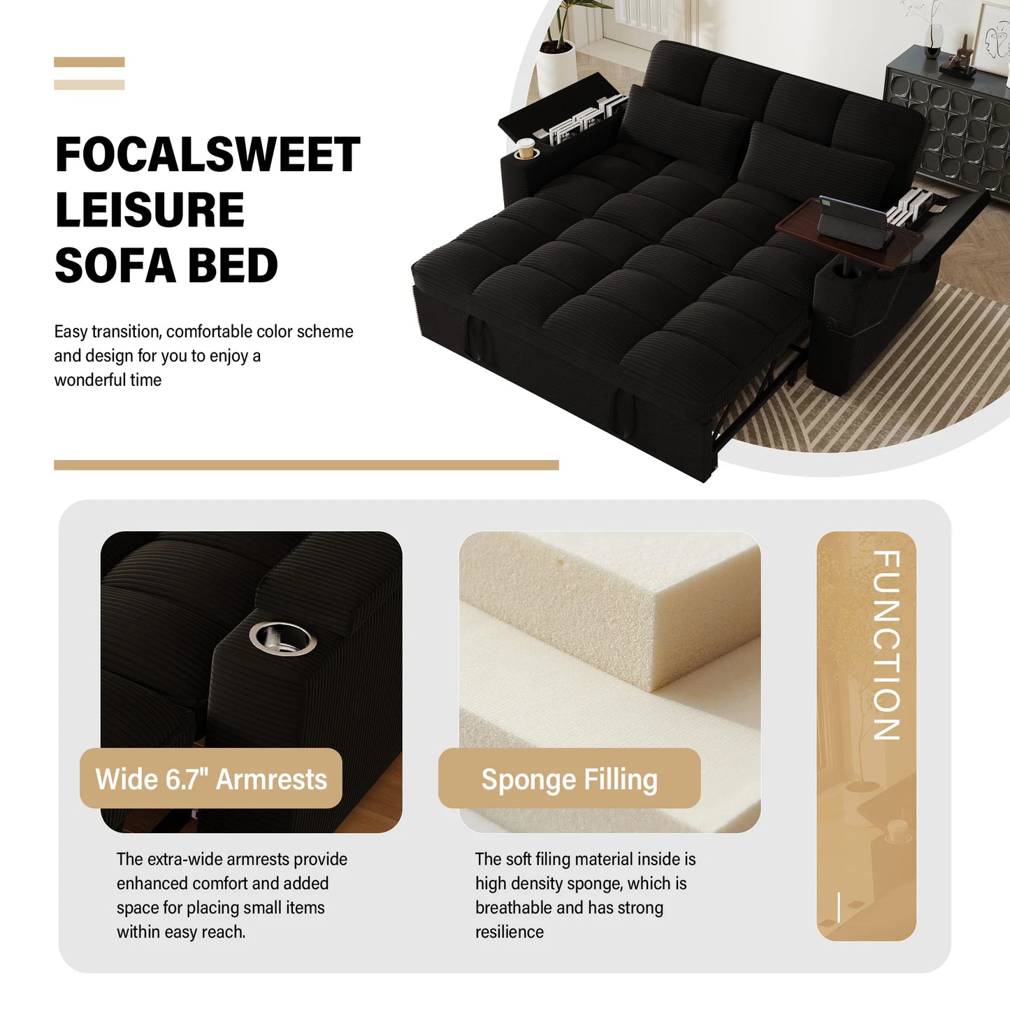 Convertible Folding Sofa Bed With Corduroy Fabric And USB Charging