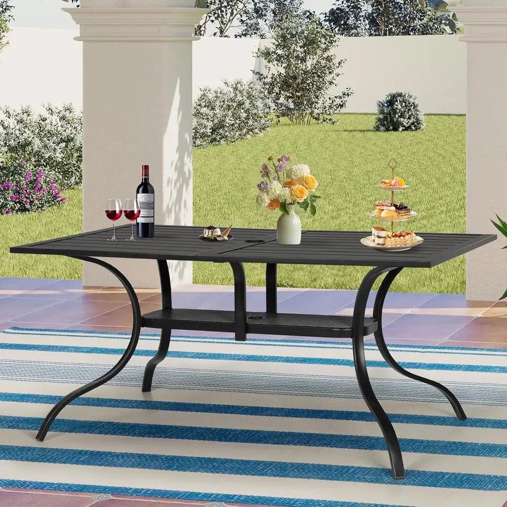 60"x36" Patio Dining Table, Outdoor Metal Recular Table Patio urniture Classic Black Table with 1.57" Umbrella Hole, or Garden B