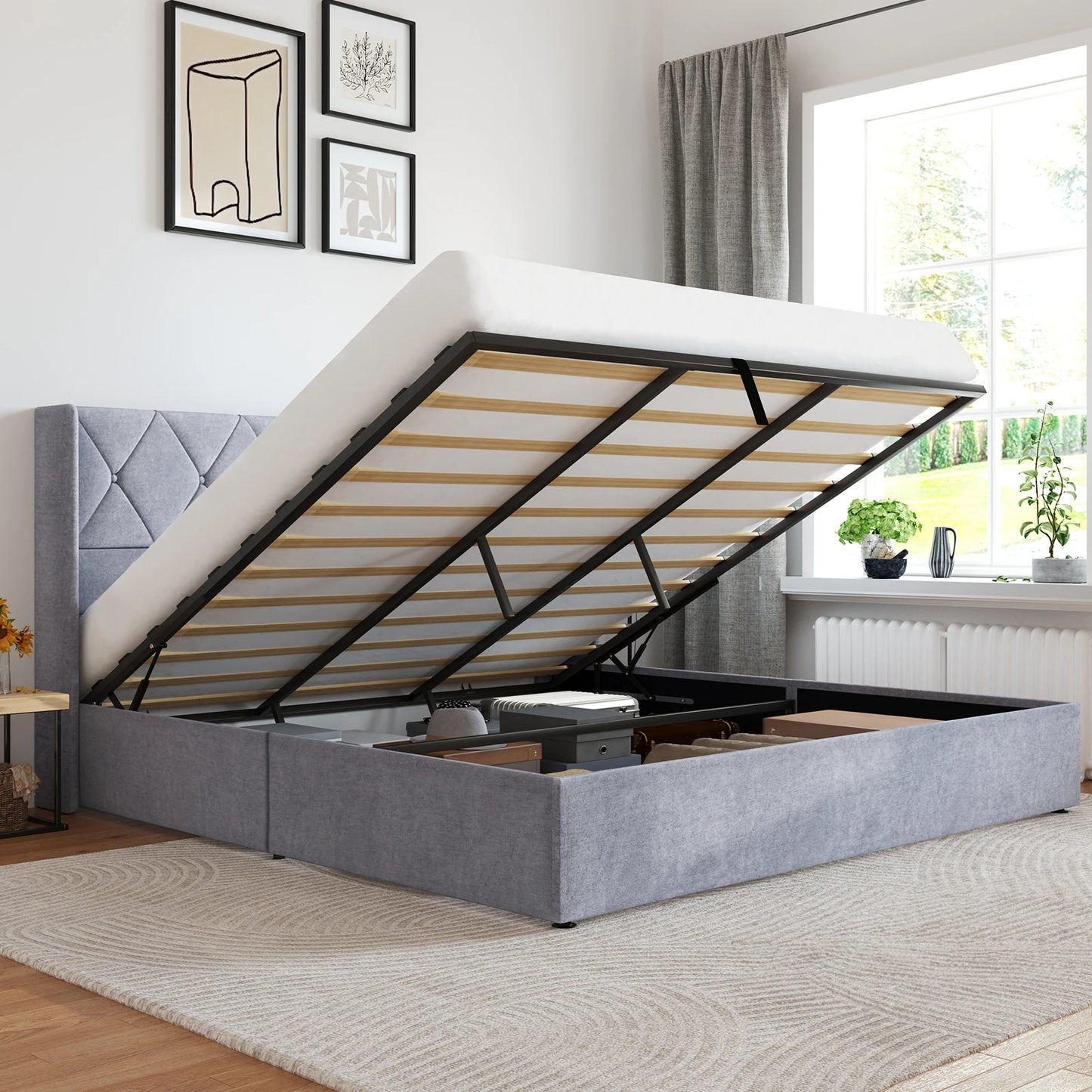 JHK Hydraulic Lift Storage Bed Featuring Wingback Headboard