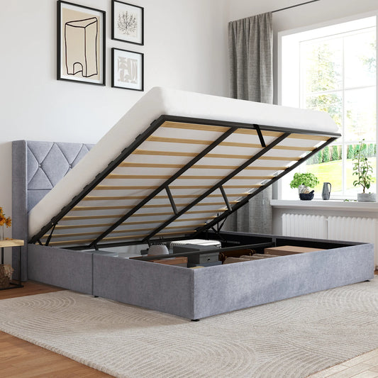 JHK Hydraulic Lift Storage Bed Featuring Wingback Headboard