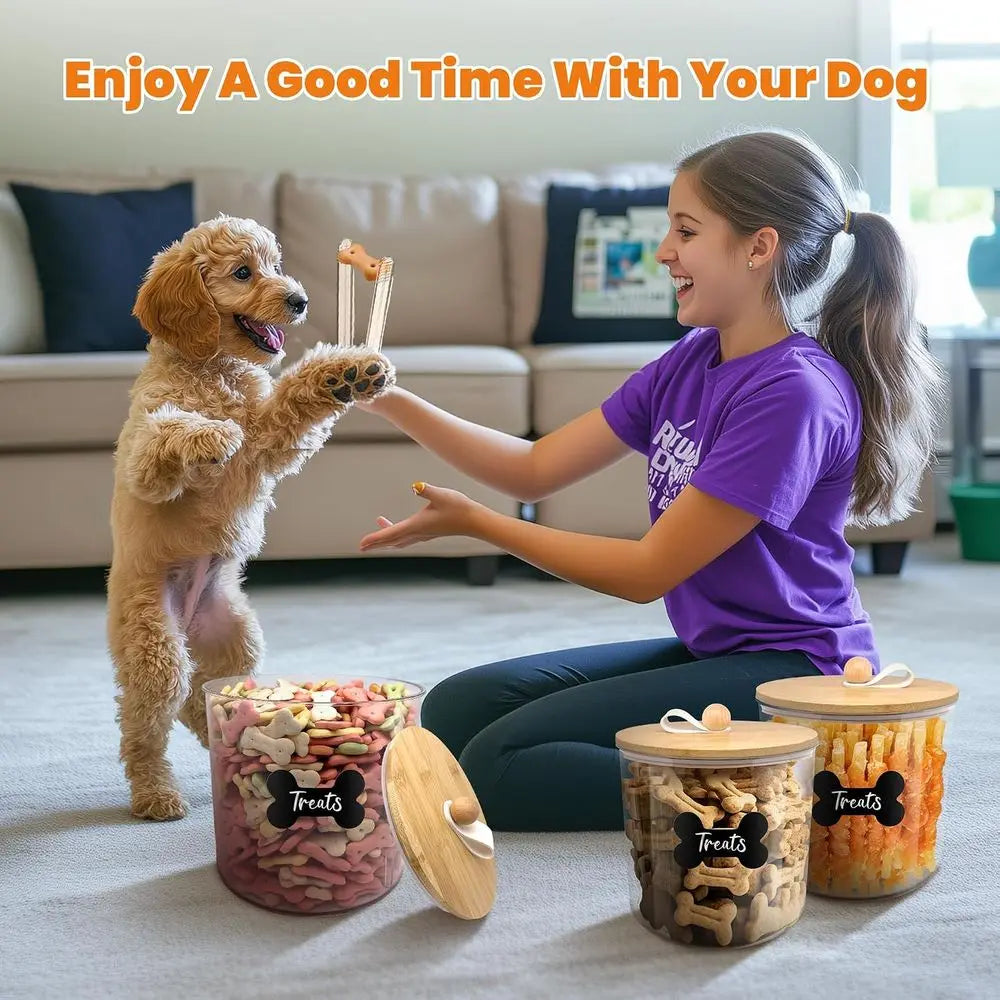 3 Pack Airtight Dog Treat Containers with Bamboo Lids, Treat Jars with Scoops, Clamps, Labels, Marker, Treat Holder