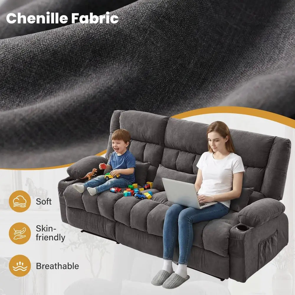 Reclining Sofa with Cup Holders for Living Room 3 Seat Manual Sofa Recliner with Side Pocket