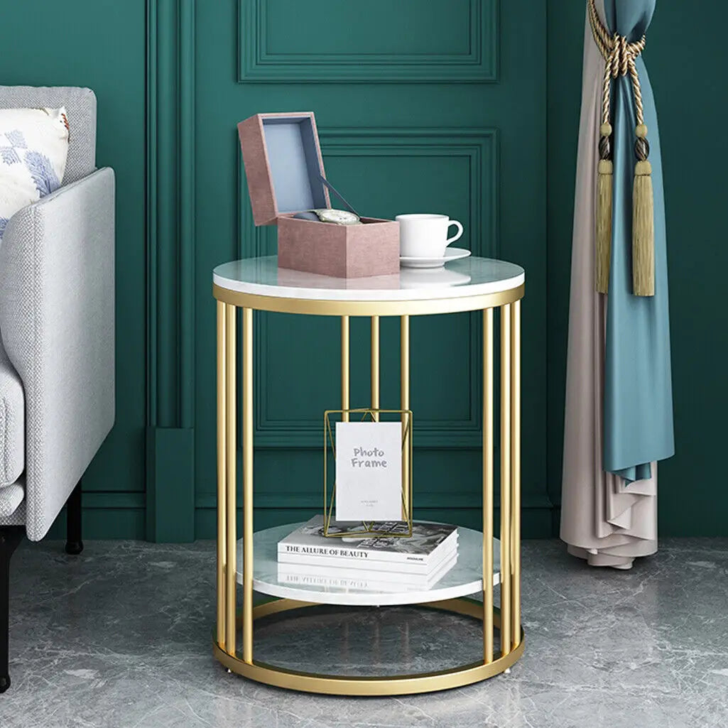 Wisfor 2-Tier White Marble Round Side Table For Living Room
