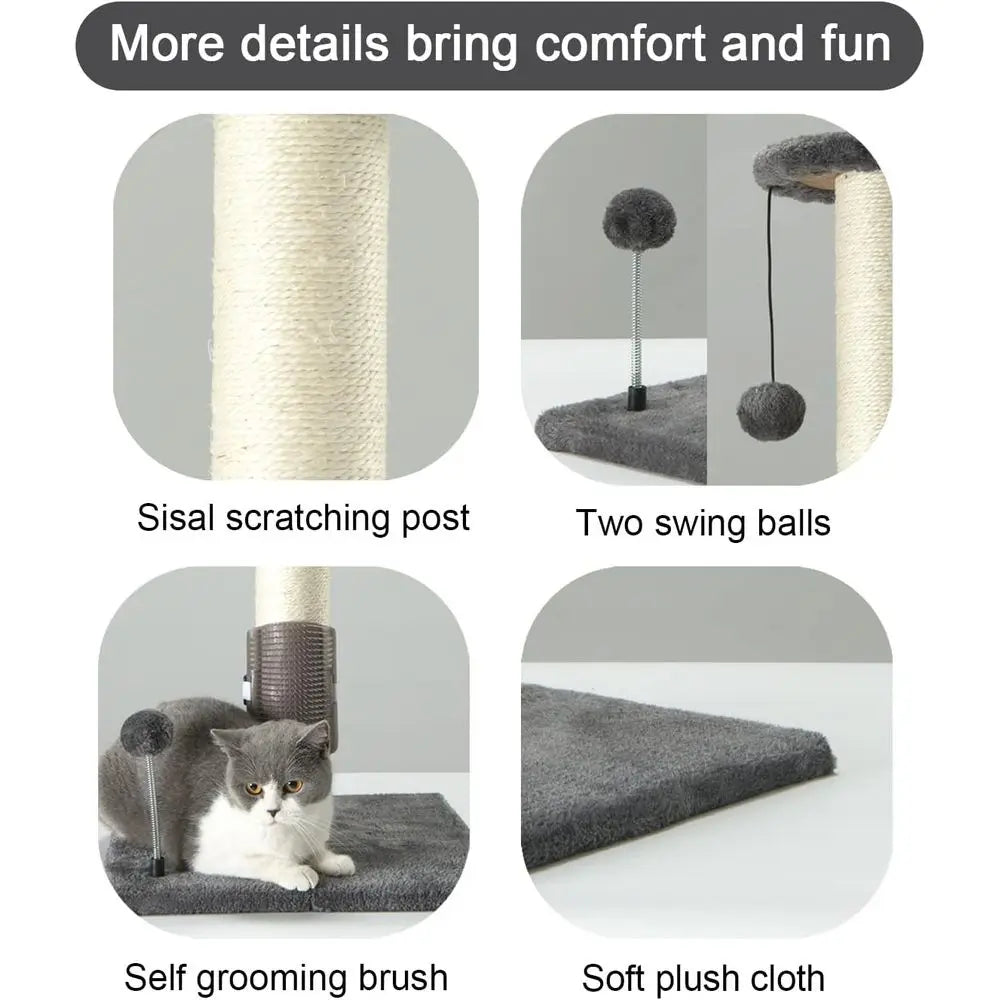 32 Tall Sisal Scratch Post with Hanging Ball and Self-Massage Brush for Indoor Cats and Kittens Gray 32inches