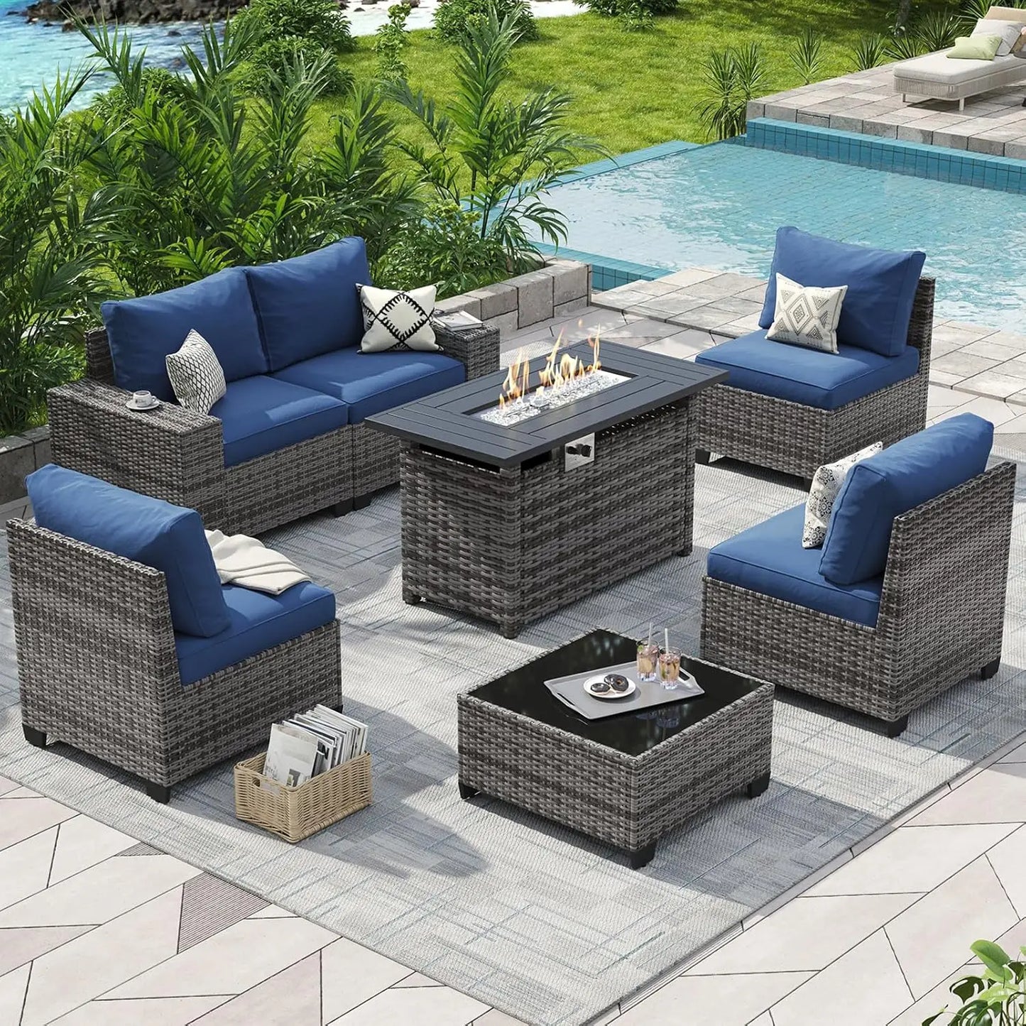Outdoor Rattan Patio Sectional Set With Integrated Fire Pit Table