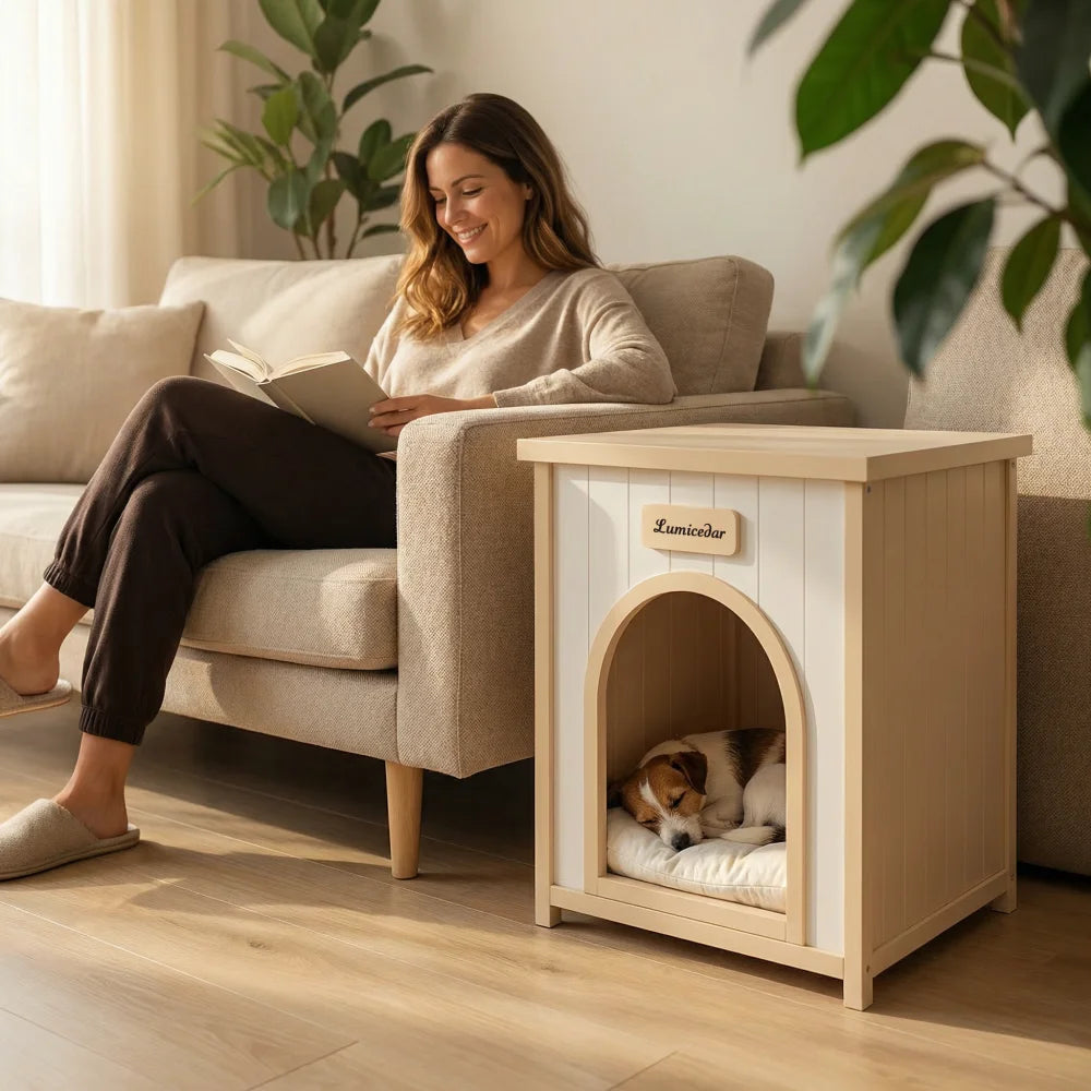 Modern Indoor Wooden Dog House with Removable Cushion – Solid Cedar Pet House for Small Dogs & Cats, Furniture-Grade Scandinavian Design