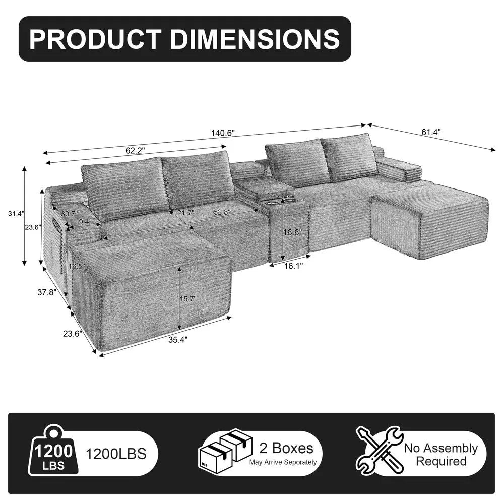 140.6 Boneless Sectional Sofa Couches for Living Room, Oversized U Shaped Cloud Modular Set w Center Console, Cup Holders, Side