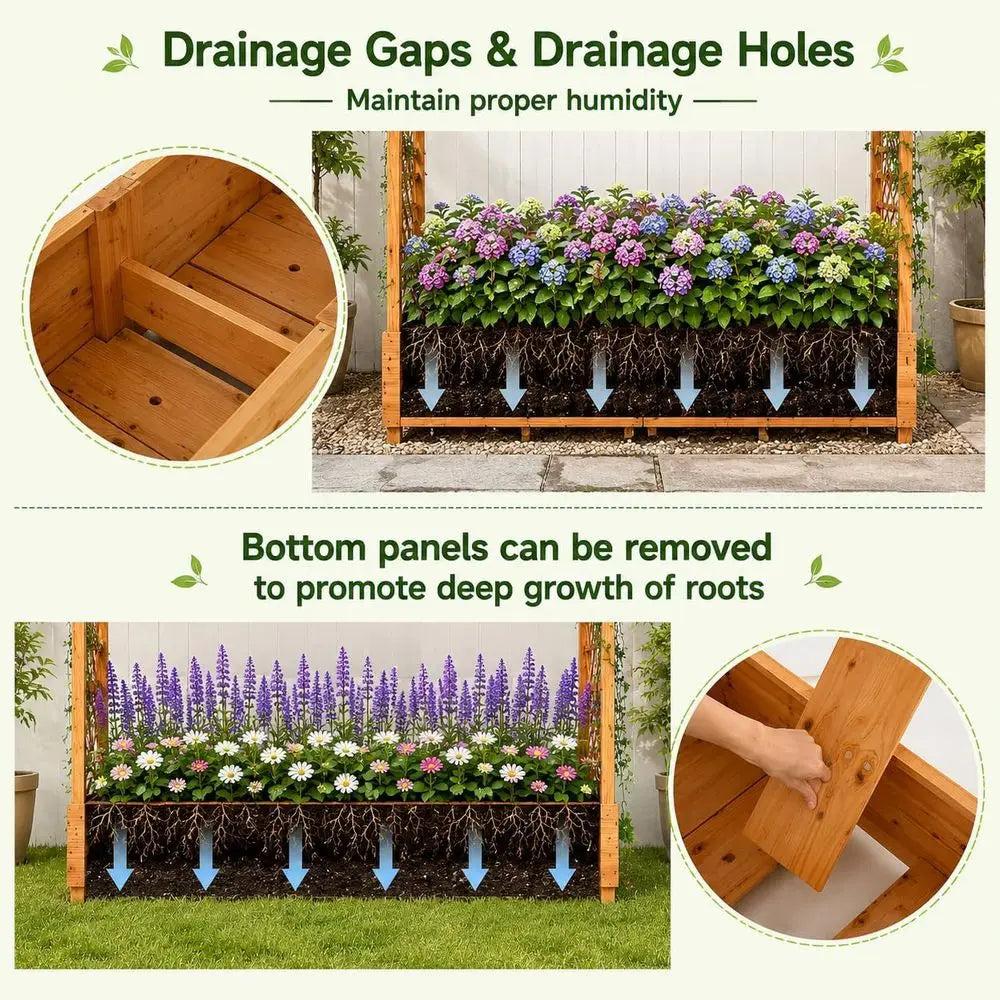 77 Tall Wooden Elevated Planter with Trellis, Hanging Baskets, and Drainage for Patio Gardening