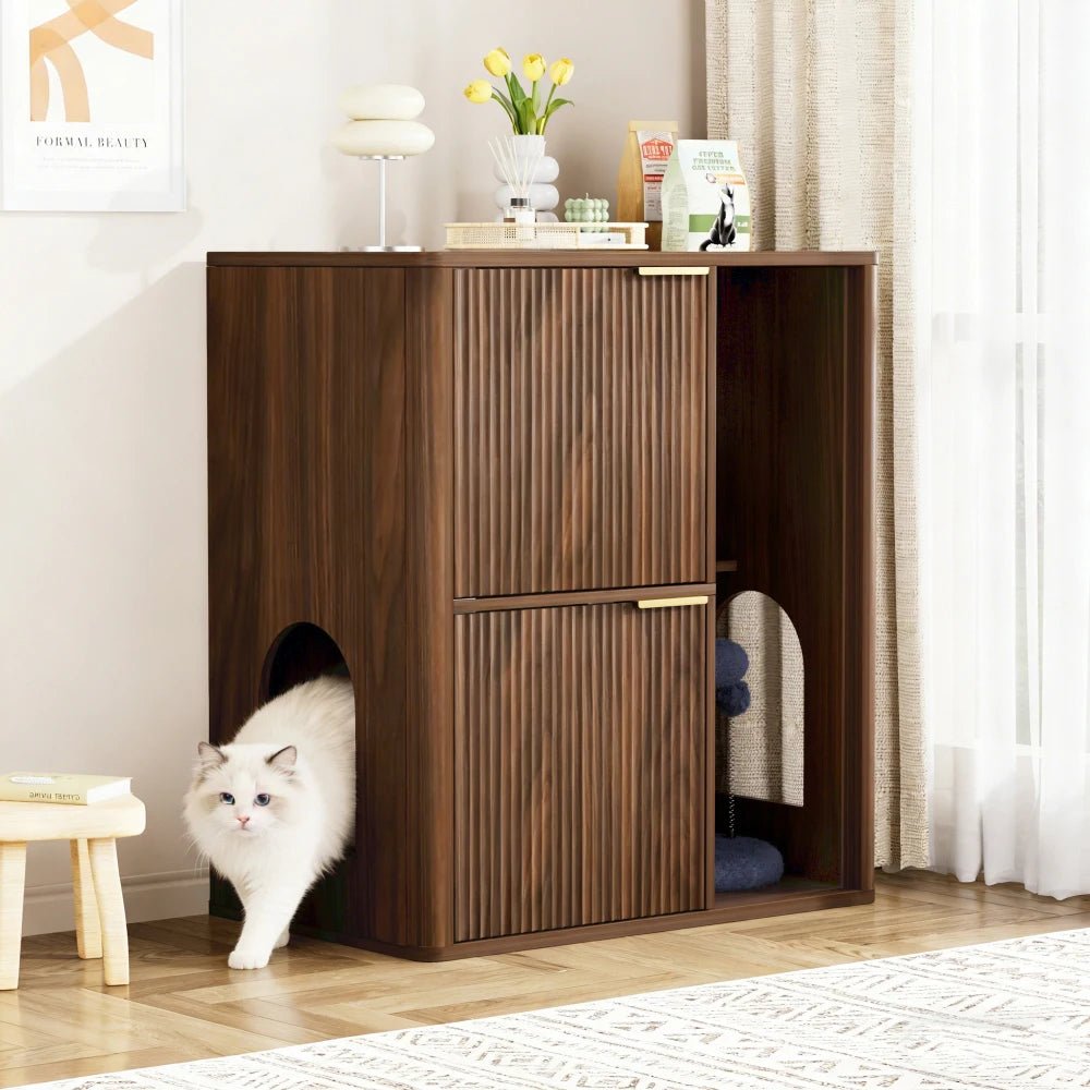 Light Wood Cat Litter Cabinet Cat Tree Grooved Concealed Litter Featuring Dual Cat Doors Storage Shelves Versatile Pet Cabinet