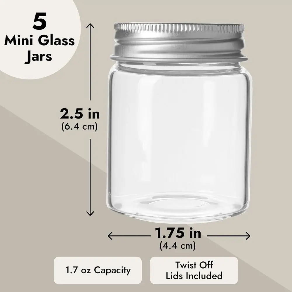 Mini Glass Spice Jars with Lids - 1.7 oz, Clear Art Deco, 5-Pack - Jars with Lids or Spices, Jams & Crafts