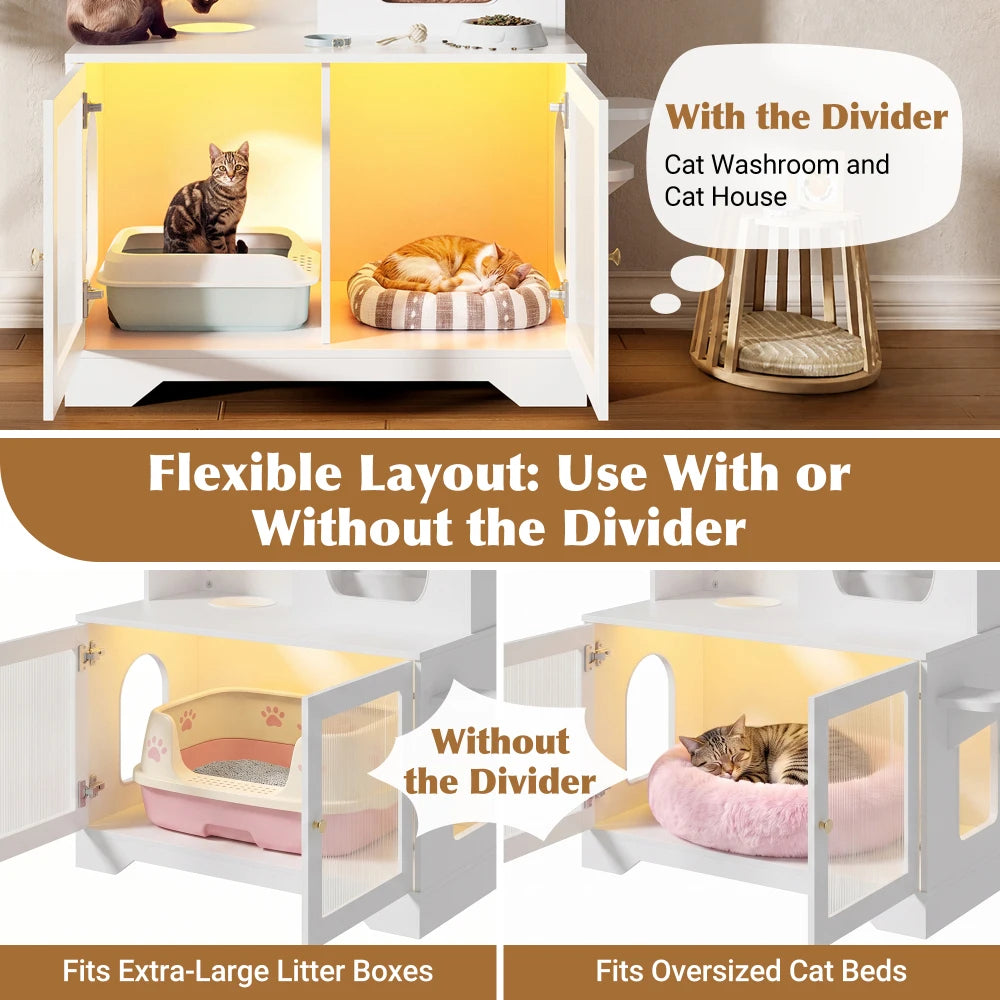 3-Tier Cat Litter Box Enclosure with Storage Cabinet, Hidden Cat Washroom Furniture with Fluted Glass Doors & Climbing Platforms