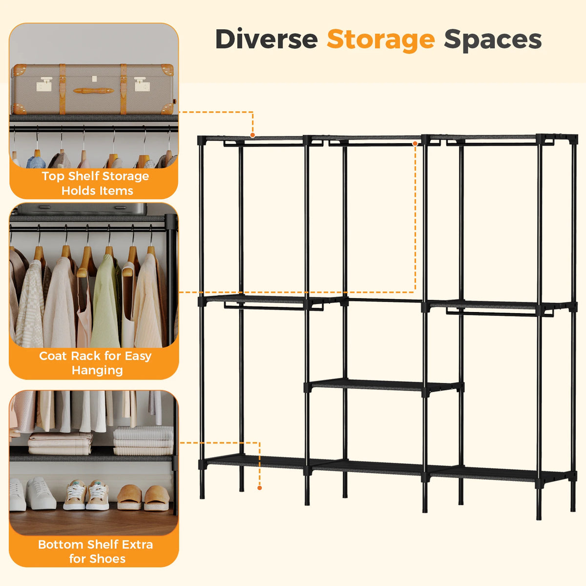 JHK Portable Three Row Wardrobe With Hanging Rods And Shelves