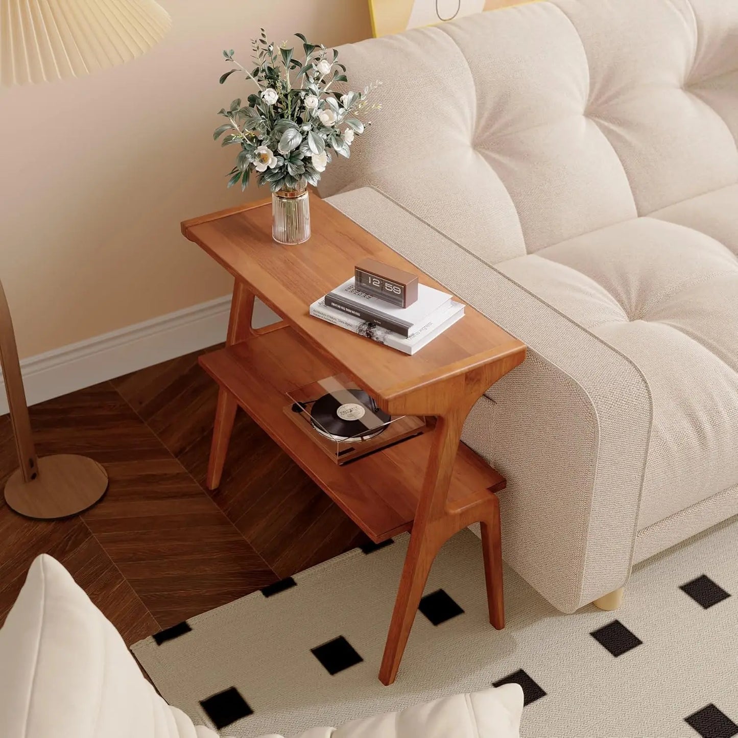 Solid Wood 2-Tier End Table with Storage Shelf, Slim Accent Bedside Sofa Side Table for Living Room Bedroom Small Space, Customi