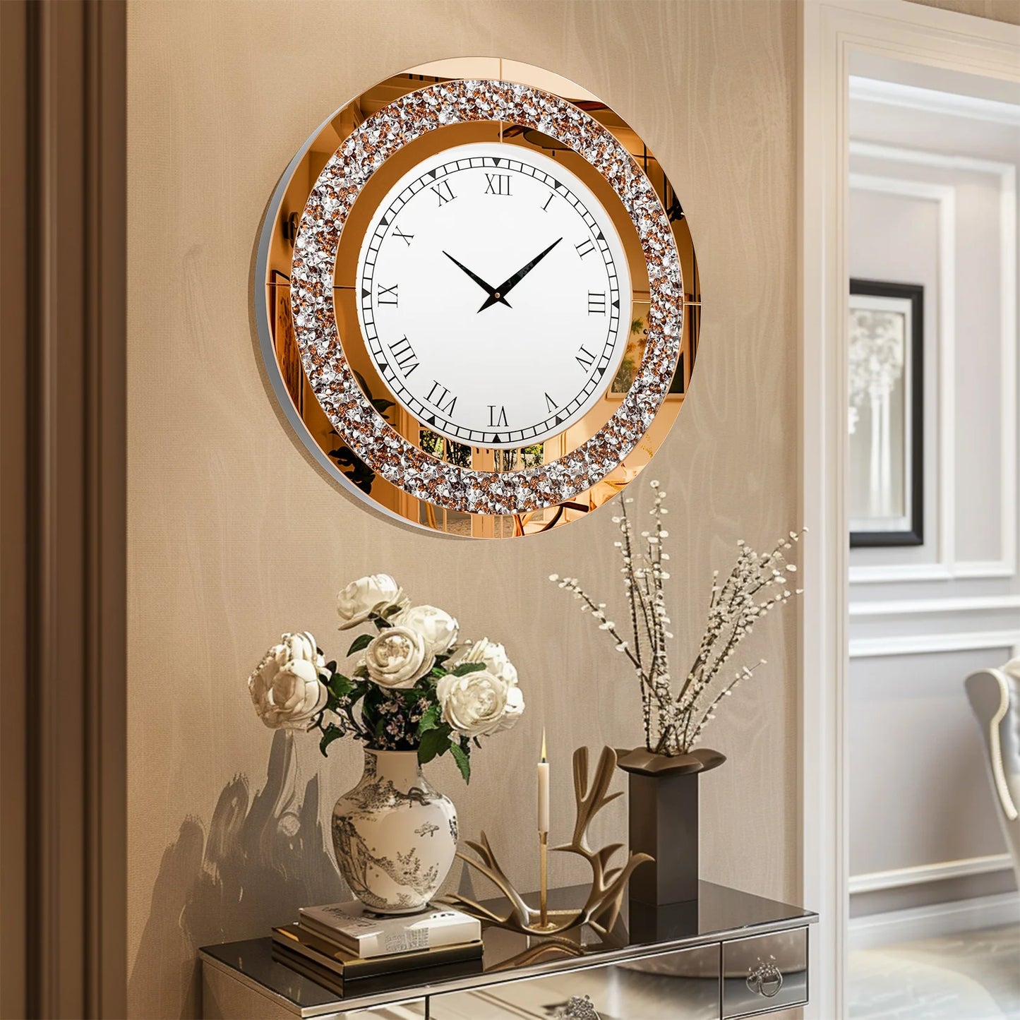 Crystal Mirror Wall Clock With Mute Speaker For Living Room