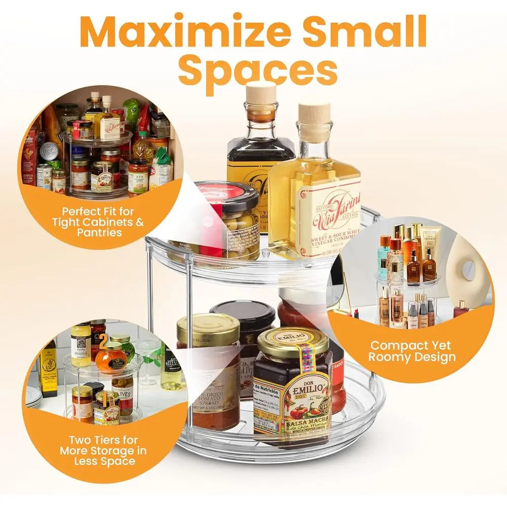2 Tier Lazy Susan Organizer or Cabinet, Clear Acrylic Rotating Spice Rack Turntable for Kitchen, Pantry, Countertop, Bathroom, V
