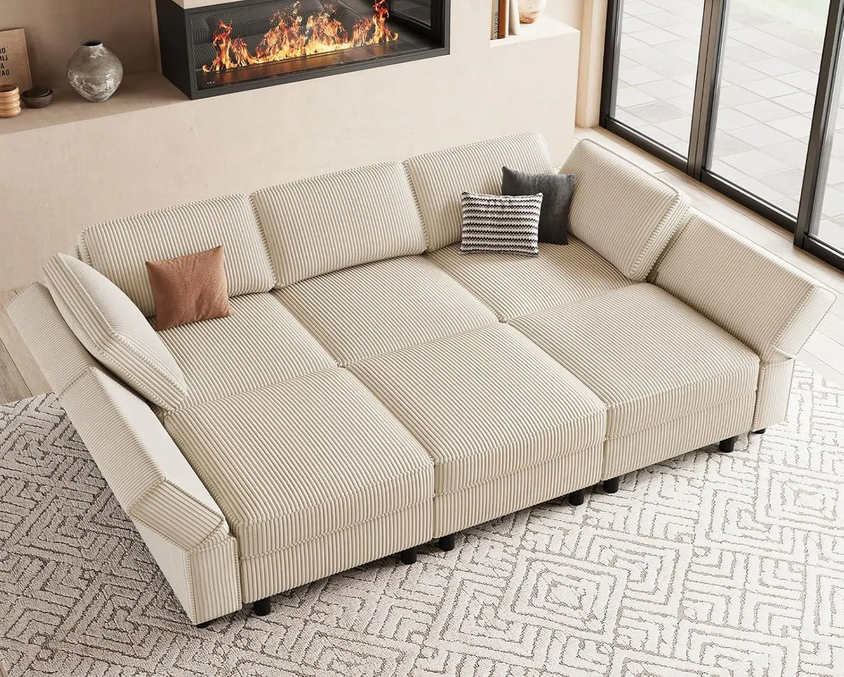 Modular Sectional Sofa with Deep Storage Seat, Corduroy Convertible 6 Seat Sleeper, Comfy Living Room Furniture, 88.6", Custom