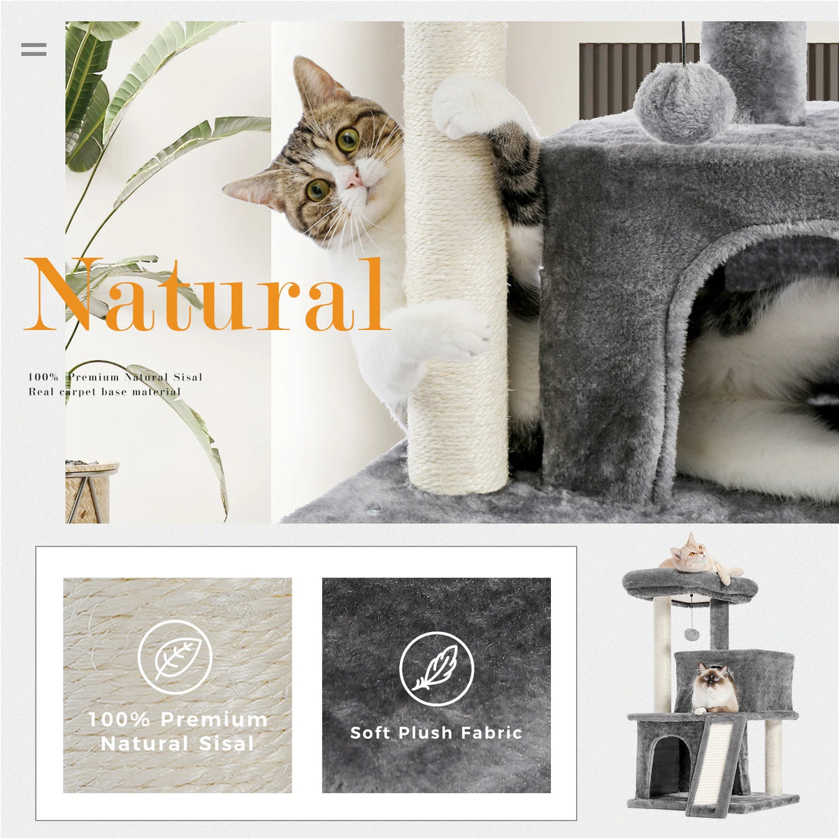 Cat Tree Multilevel Cat Tower with Double Condos, Spacious Perch, Fully Wrapped Scratching Sisal Post and Replaceable Balls