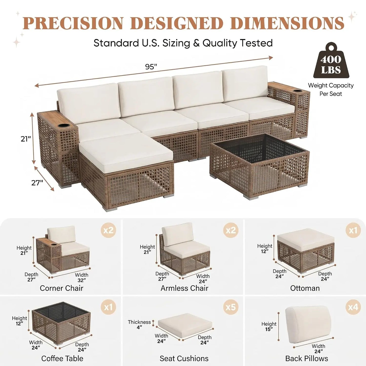 Outdoor Rattan Patio Sectional Sofa With Glass Coffee Table