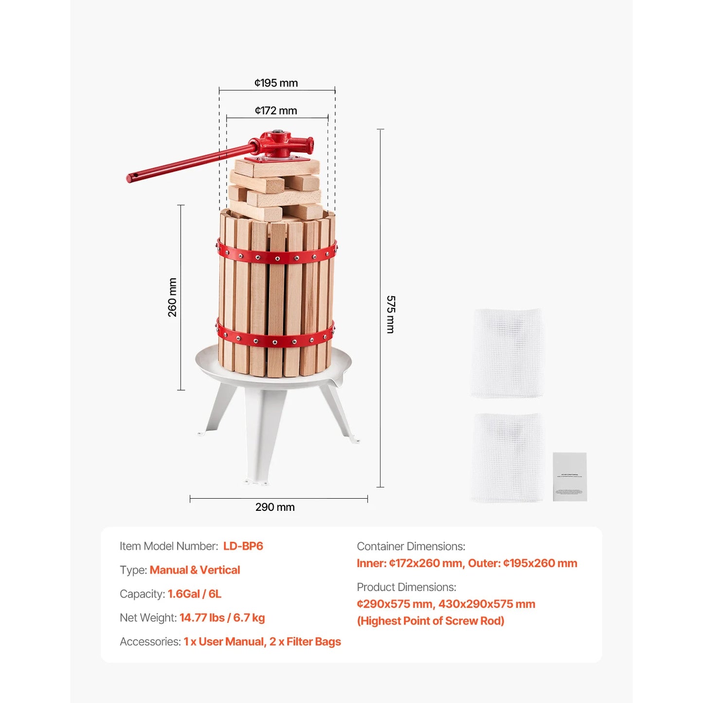 Solid Wood Manual Fruit Press With Heavy Duty Pressure Blocks