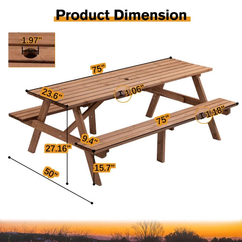Brandless 8 Person Brown Wooden Picnic Table Outdoor Dining Bench