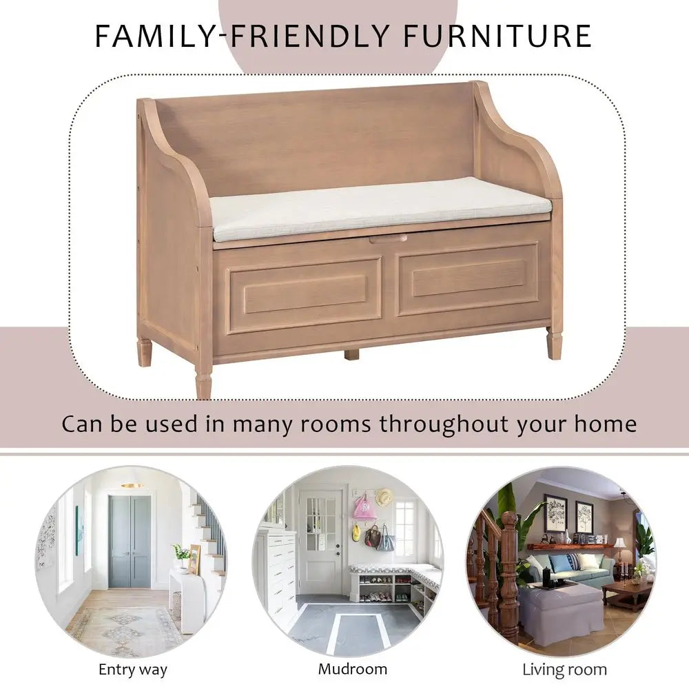 41.9 Storage Bench with Back, Entryway Shoe Bench with Cushion amp Lift Top Storage, Rustic Shoe Storage Cabinet with Cushioned