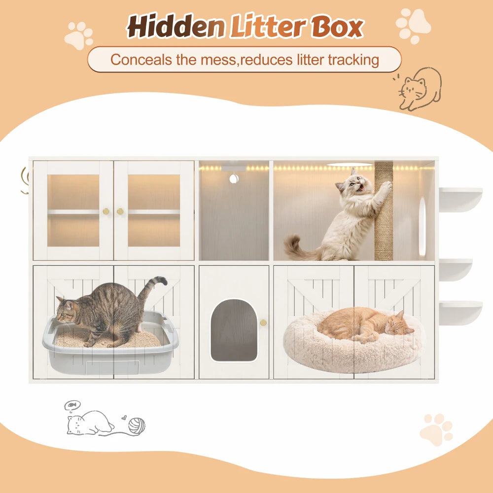 Farmhouse Cat Litter Box Enclosure Hidden Cat Washroom Built-in Scratching Post & LED Lights, Cat House with Storage Cabinets