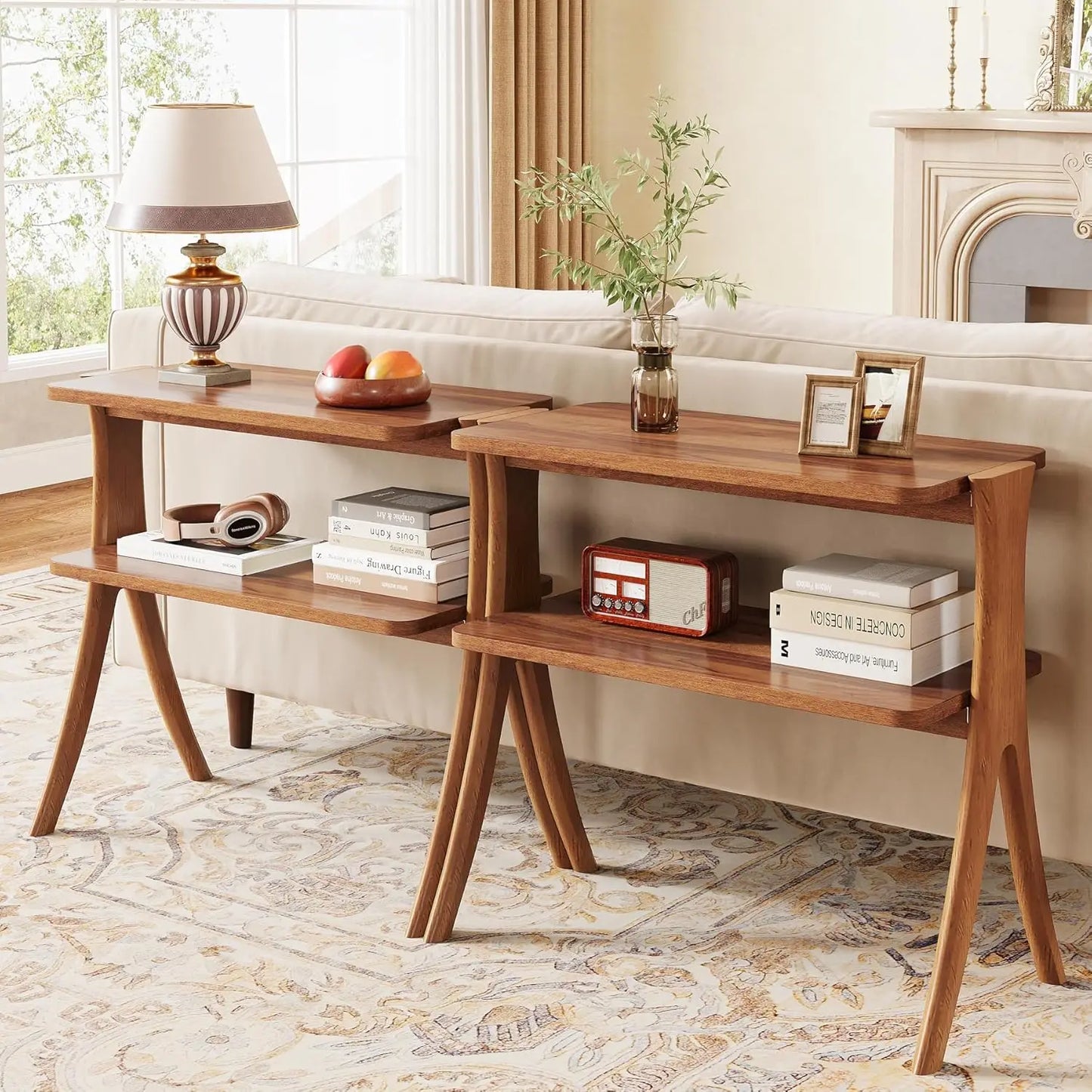 Little Tree Side Table With 2-Tier Storage, Farmhouse End Table