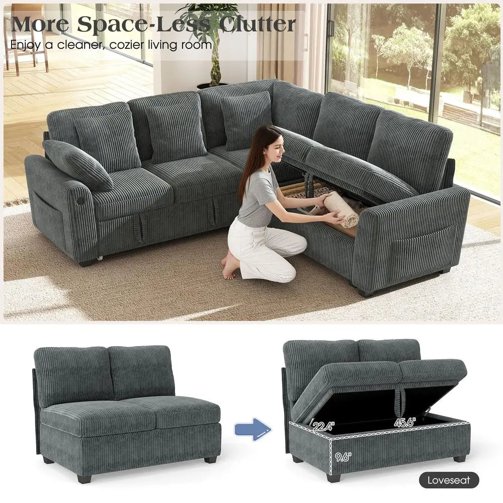 83inch 5Seater Large Sectional Sofa Bed with Storage, Corduroy Reversible Modular Sleeper Sofa with USB Port amp 4 Pillows, Con