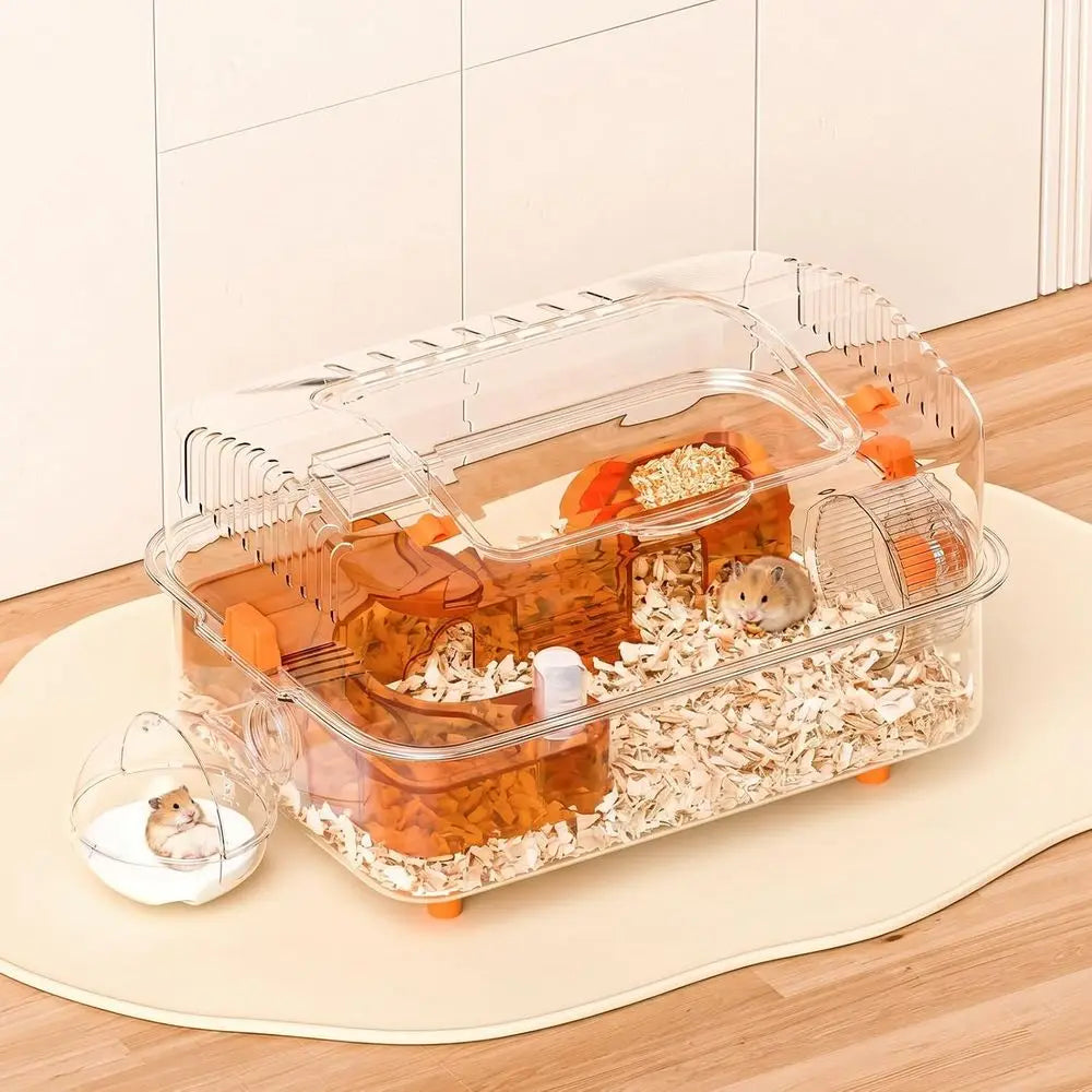 Compact 14.17x10.24x10.24 Hamster Cage with External Bath | Transparent PET Enclosure for Mice, Gerbils, Small Pets
