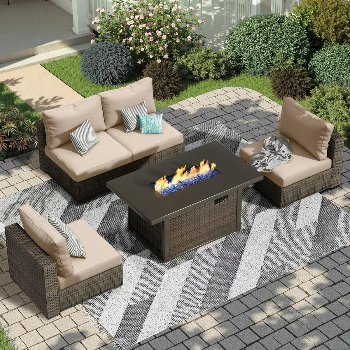 Outdoor Rattan Sectional Sofa Set With Fire Pit Table