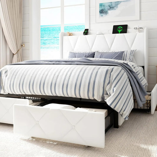 Full Size Upholstered Bed with 4 Storage Drawers, Charging Station, Wingback Headboard, Noise-Free, Black, Customized