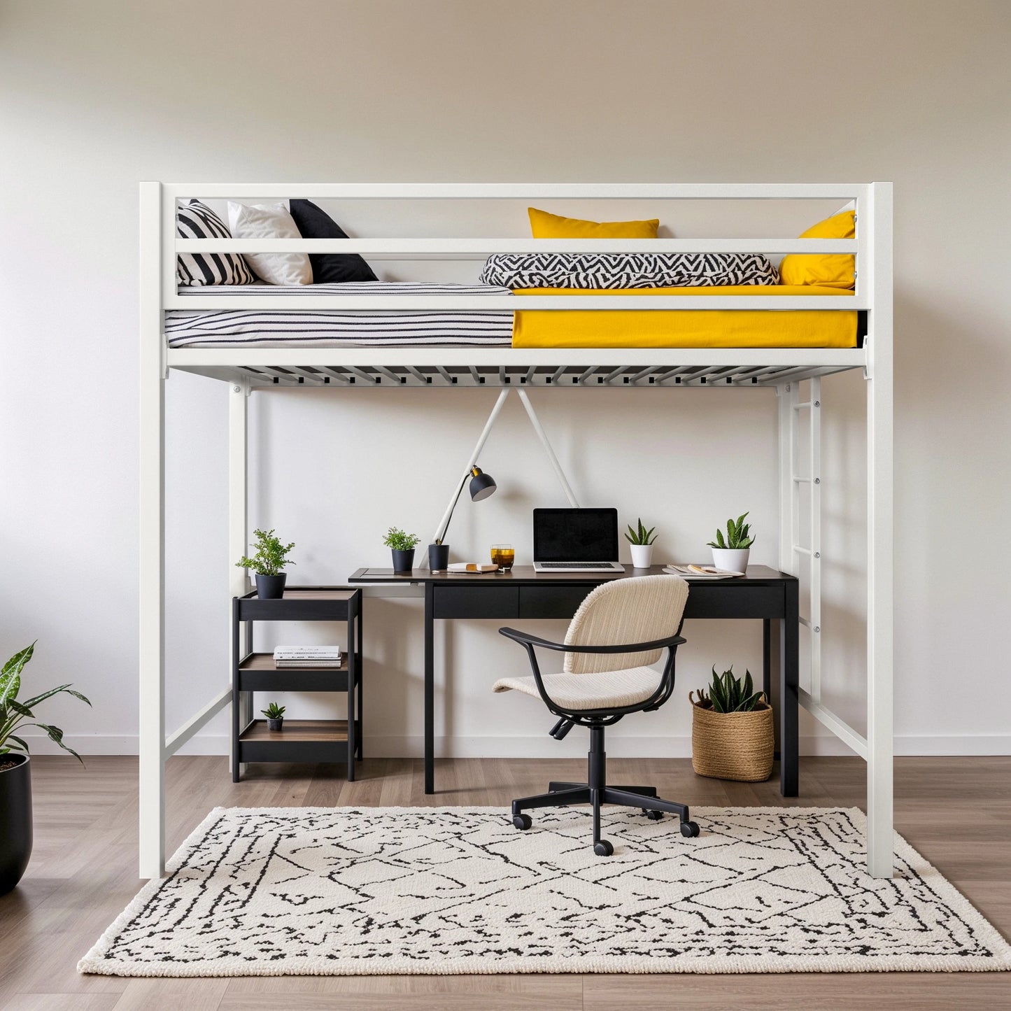 HOOMIC Metal Loft Bed Frame With Guardrail And Removable Ladder