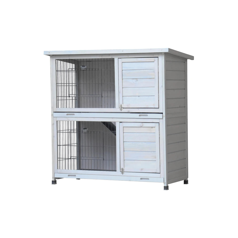 Rabbit Hutch Outdoor 2-Story Rabbit Cage Indoor with Run Bunny Cage with 2 Removable No-Leak Trays Pet Cages with Non-Slip Ramp