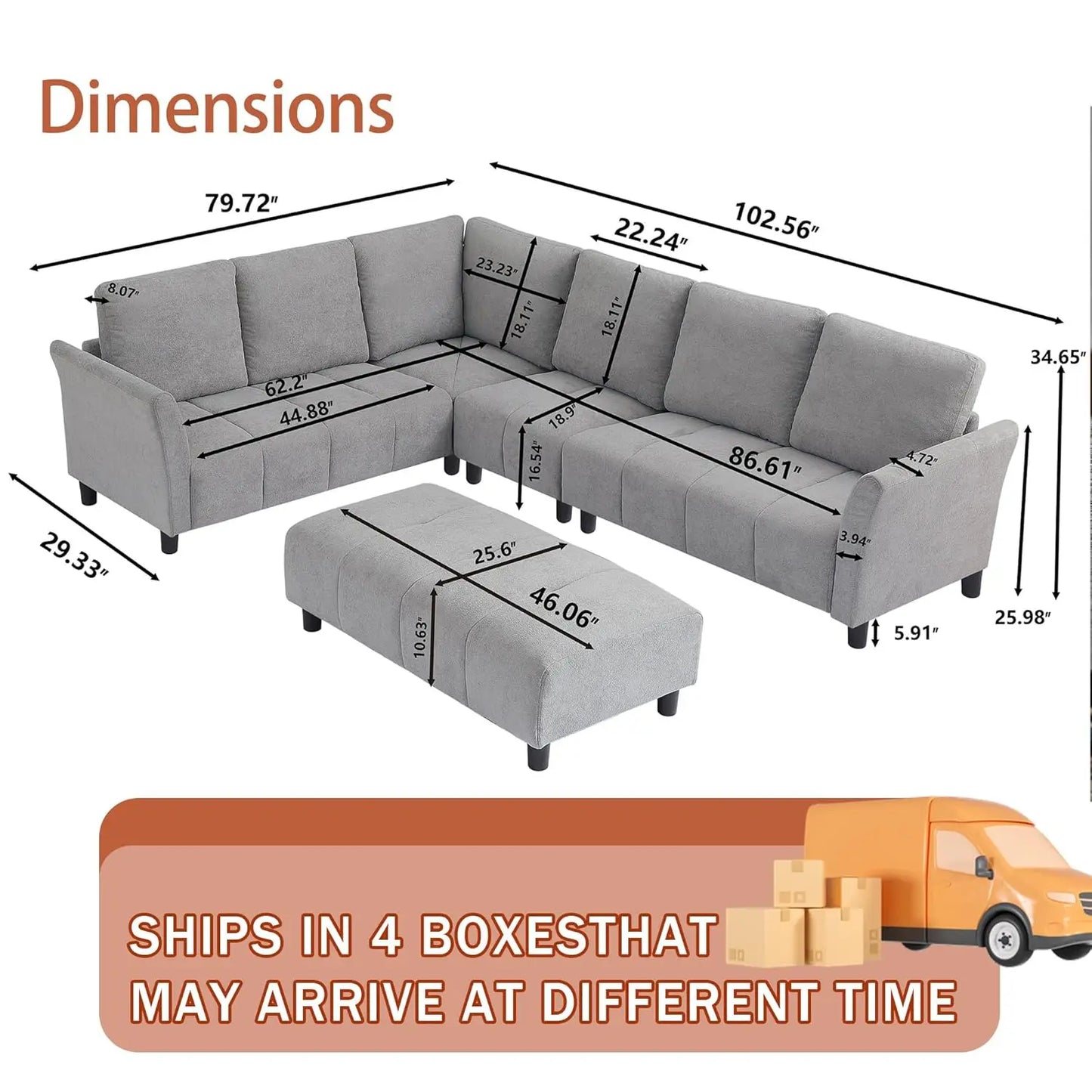 Modular Sectional Sofa Couch L Shaped With Reversible Ottoman
