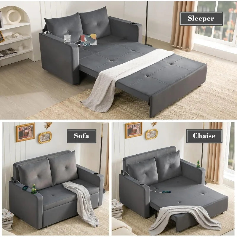 Krcix 3 In 1 Pull Out Sofa Velvet Convertible Loveseat