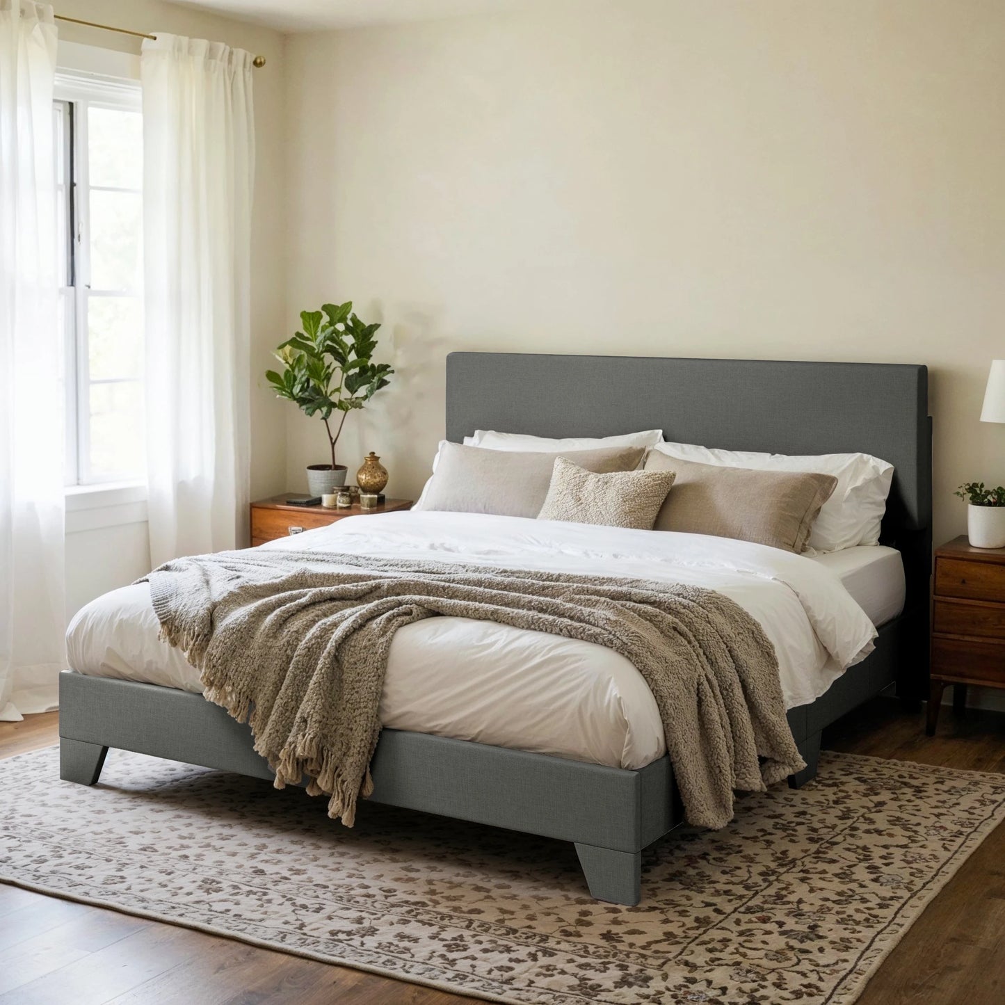 HOOMIC Upholstered Bed Frame With Adjustable Headboard In Linen Fabric