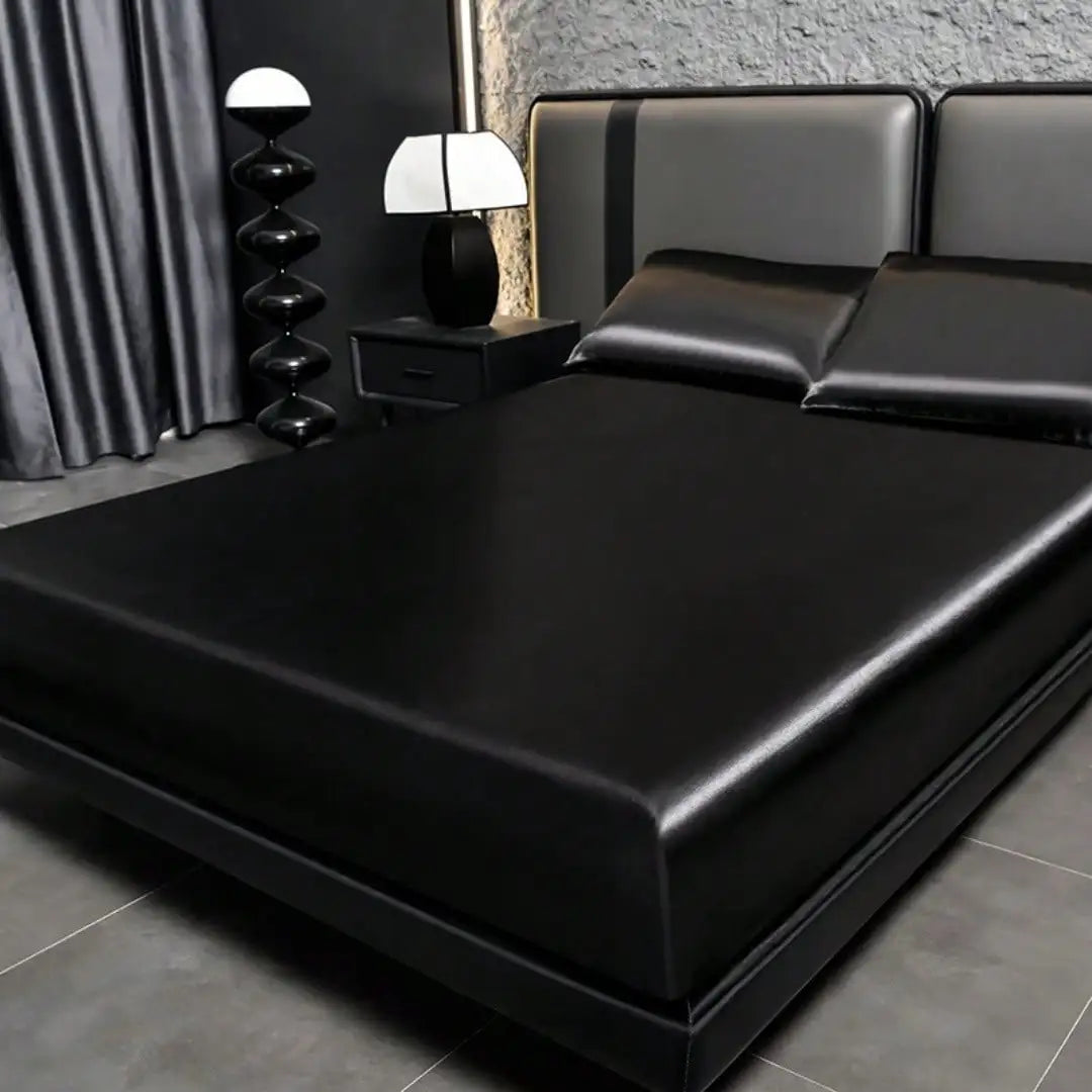 Luxurious Solid Silky Satin Fitted Sheet Set With Pillowcases