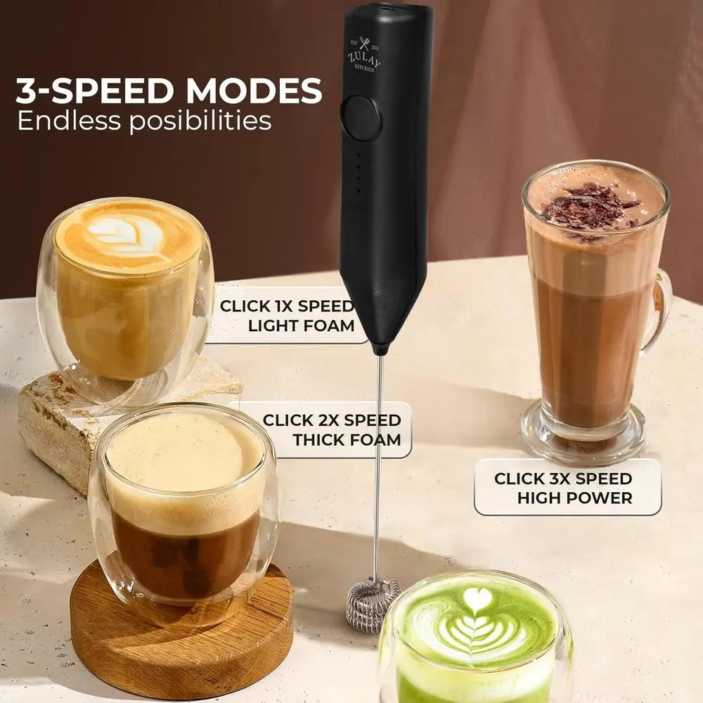 Rechargeable Handheld Milk Frother Wand, Drink Mixer, Electric Whisk, Great for Lattes, Matcha & Protein Powder - 3 Whisks, 3 Sp