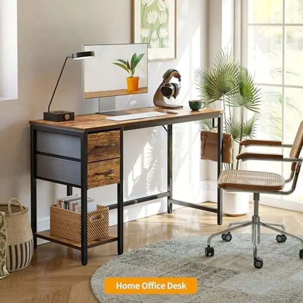 Computer Desk With 2 Drawers, 40 Inch Small Office Desk Study Writing Table, Light Brown