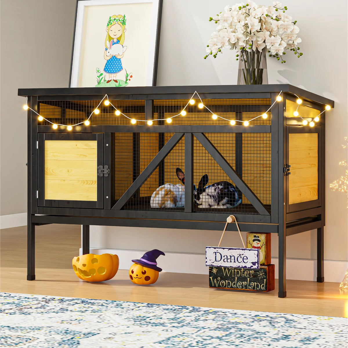 46.7" Rabbit Cage Indoor Outdoor, Elevated Wooden Bunny Hutch with Removable Tray, Waterproof Asphalt Roof & Bottom Wire Mesh for Small Animals
