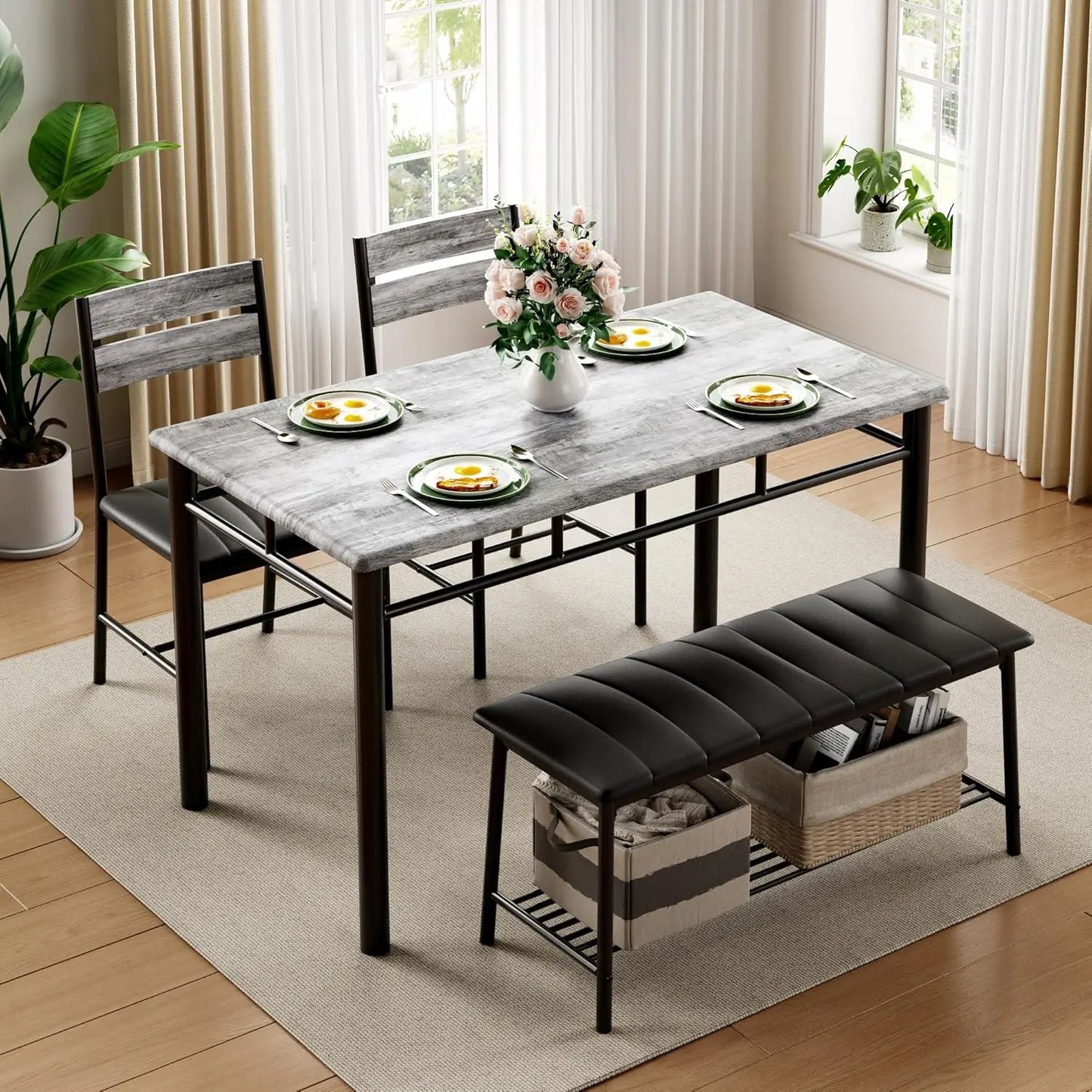 IRONCK Dining Table Set With Upholstered Bench And Two Chairs