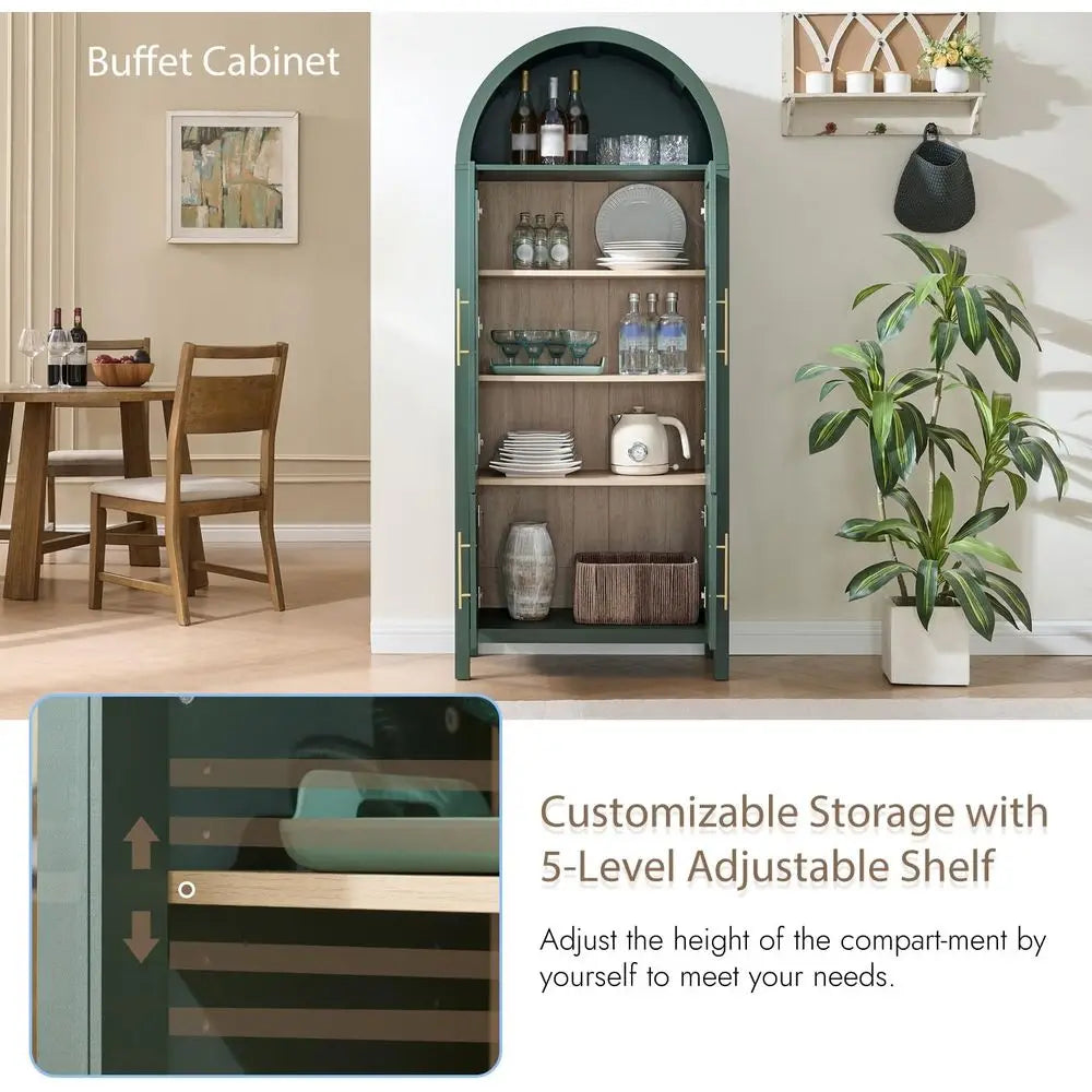 71 Green Arched 5-Tier Display Cabinet with Glass Doors for Living Room, Office, and Kitchen Storage