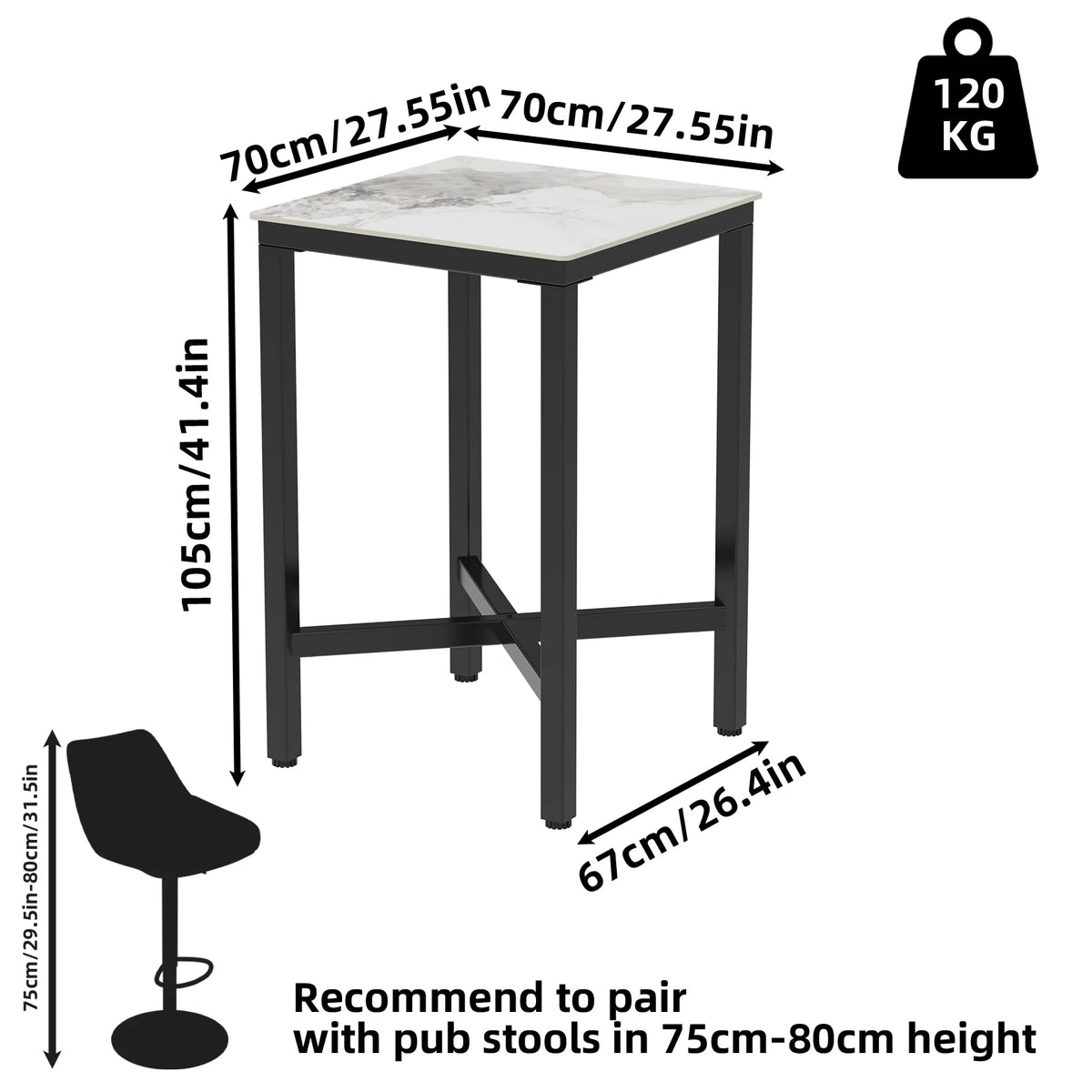 3 Colors Upscale Tall Bar Table, Square Marble Top, Kitchen Counter Restaurant Pub Club, Cocktail Table