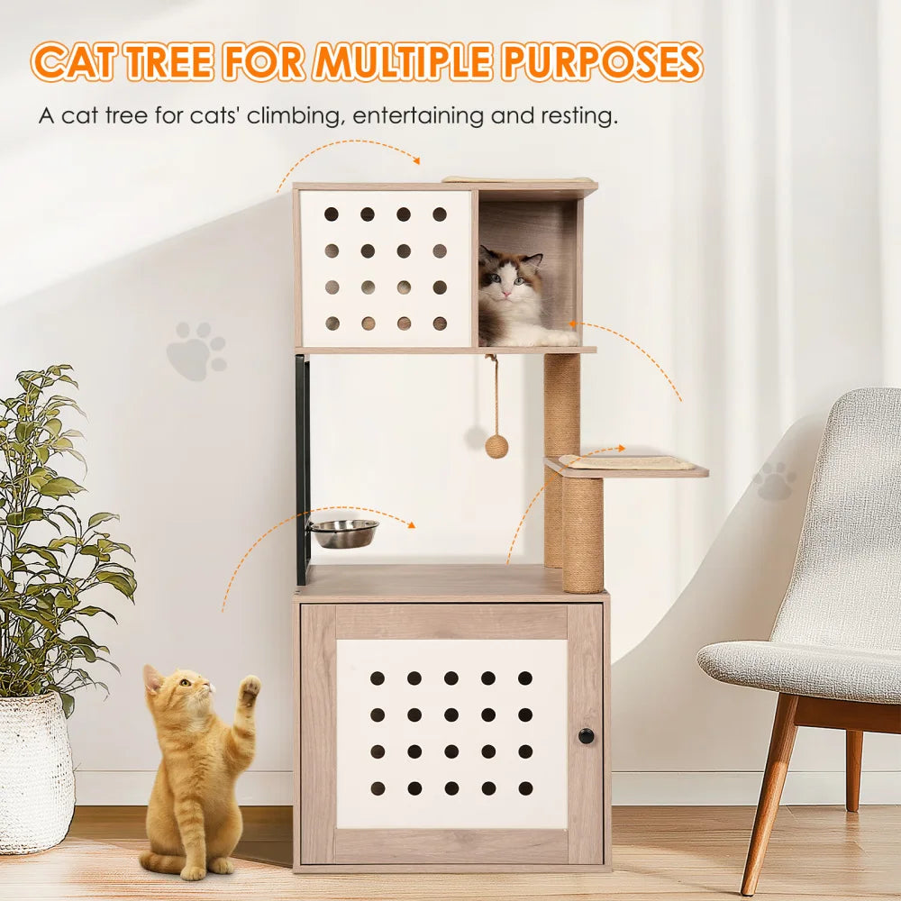 Cat Tree with Litter Box Enclosure, All-in-one Indoor Cat Tower with Hammock Bed Food Station Scratching Posts Pet Furniture