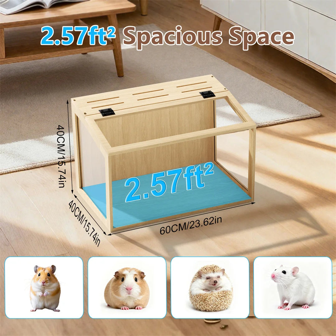 Sturdy Wooden Hamster Cage Featuring Tempered Glass And Ventilation